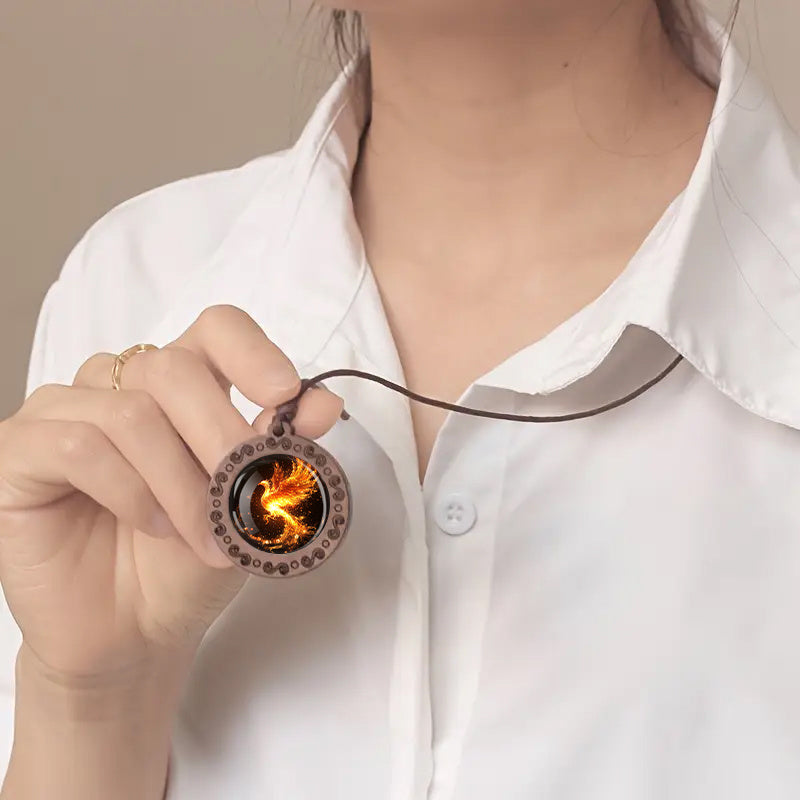 Adjustable Fire Phoenix Wooden Pendant Necklace - Vintage Boho Style, Glass Mosaic, Ideal for Daily Wear & Gifting, All-Season Accessory, Daily Wear Necklace|Vintage Boho Style|Adjustable Strap, Phoenix Jewelry
