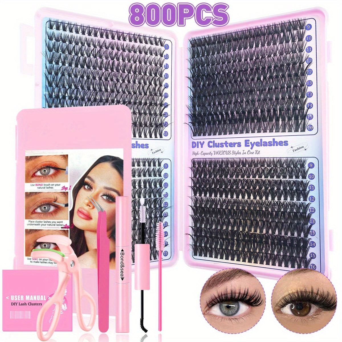 200/800pcs Full Set Eyelash Extensions Kit with Glue, Tweezers, Lash Brush & Curler - Natural & Eye Styles, Multiple Lengths, 0.07mm Thickness, Eyelash Extensions for Women, Eyelash Extensions Supplies, Eyelash Extensions Kit