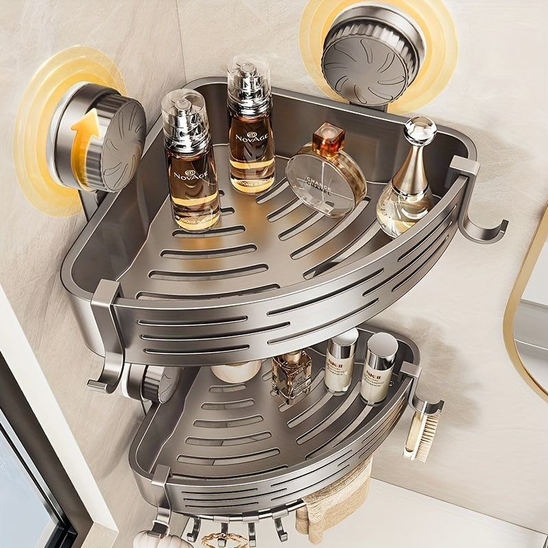 Space-Saving Suction Cup Bathroom Shelf - No Drilling Required, Strong Triangular Rack with Hooks, Suitable for Shower And Toilet Walls/Tiles, Multifunctional Storage Organizer