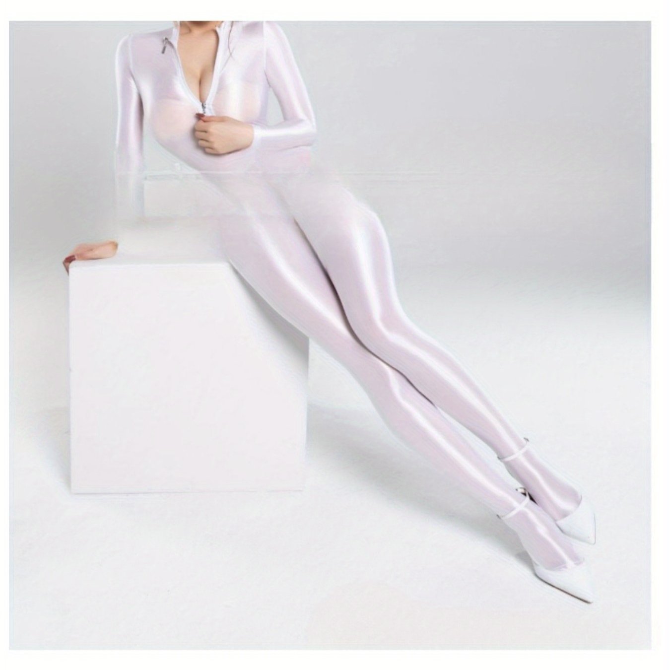 3 Colors Fashion Charm with Zipper Open Crotch Full Bodystocking, Women's Sexy Thin Shiny Clothing, Shiny Satin Glossy Silky Leopard Jumpsuit 2 Zipper Open Bust & Crotch Bodysuit Catsuit Playsuit