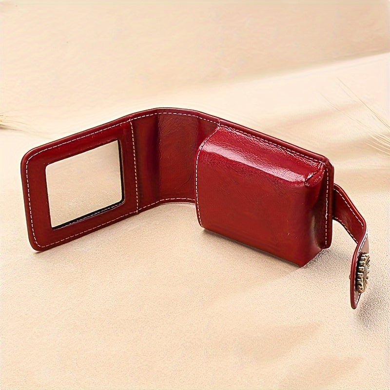 A Stylish And Elegant Mini Makeup Case PU Leather, Featuring a Mirror And a Snap Closure, Perfect for Daily Use And Travel. This Portable Beauty Storage Bag Comes in Red And Brown, with Fashionable Snap Closure And Metal Rive