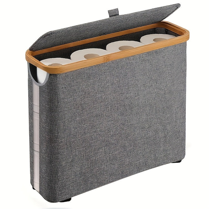 Large Capacity Foldable Toilet Paper Holder with Lid - Space-Saving Modern Bathroom Organizer, No Assembly Required, Durable Wood Frame & Gray Fabric Finish, Multi-Purpose Home Storage Solution, Toilet Paper Storage Container