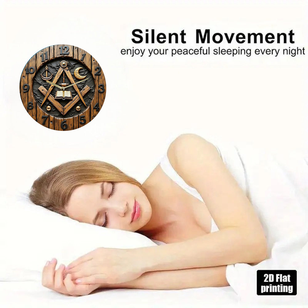 Masonic/Architect's Square-Themed Wall Clock Featuring Large Black Hands And Golden Numbers - Silent with No Ticking Sound, Includes Masonic Symbols (Compass, Square, Trowel) - Battery-Operated (AA Batteries Not Included)