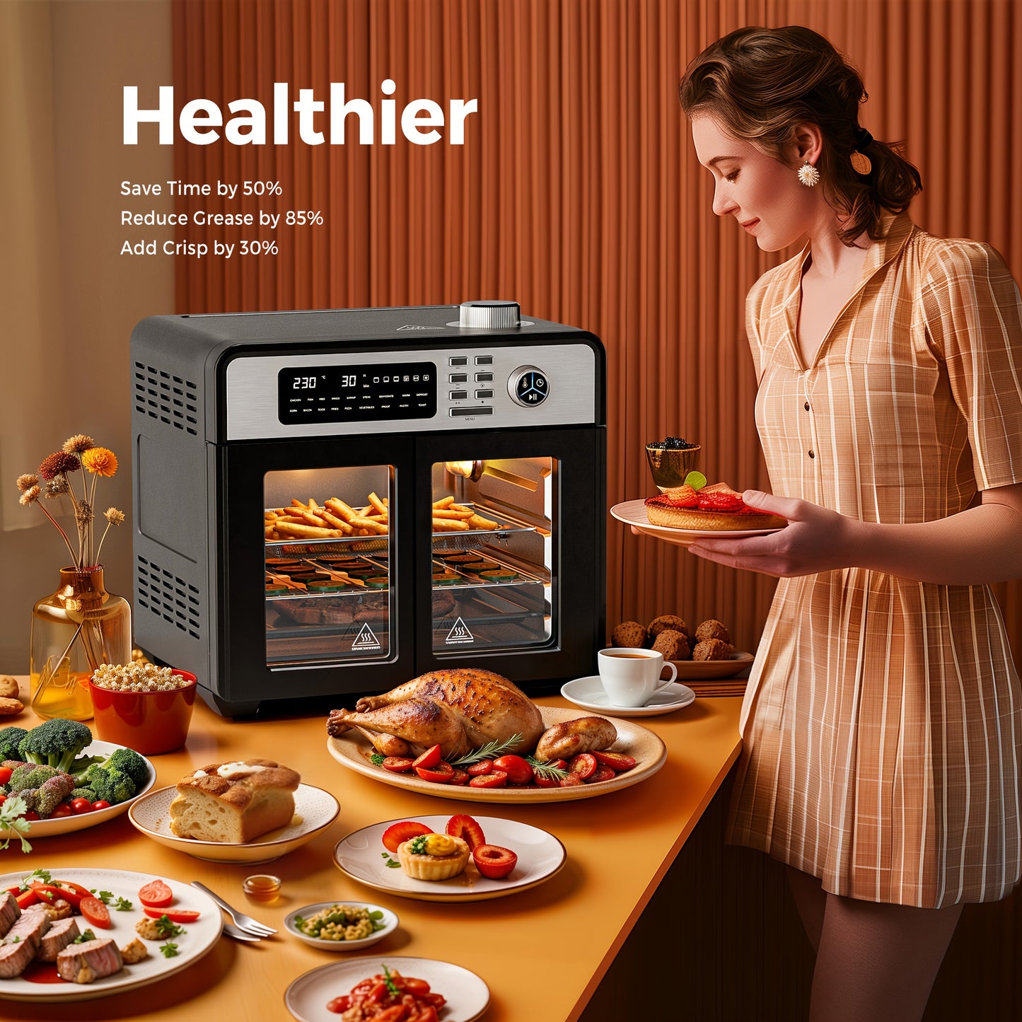 28L Air Fryer Oven with Rotating Grill, 18-in-1 Large Air Fryer Cooking Top-to-Bottom Convection Oven, Oil-Free Air Fryer Quick Baking, Pizza, Grilling, Bread, Dehydrating, 1700W Full Accessory