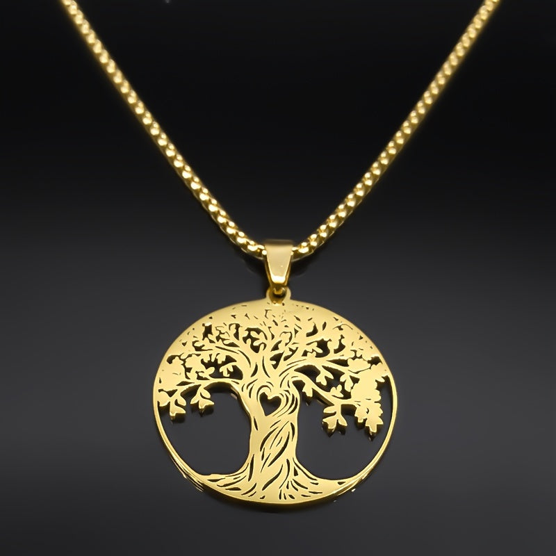 Stainless Steel Golden And Silvery Lucky Amulet Necklace For Women With A Tree Of Life Design