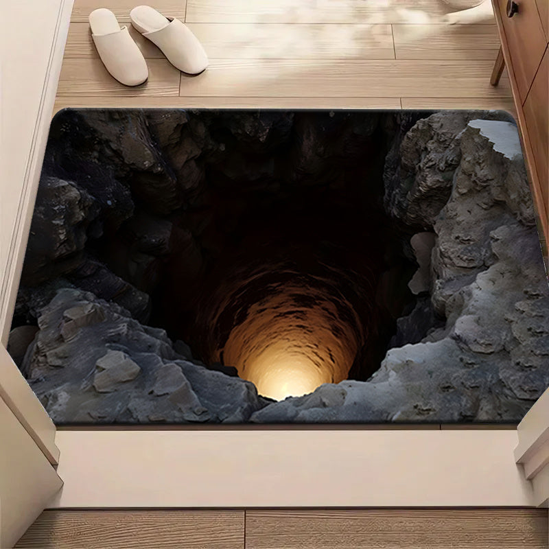 2D Optical Visual Illusion Deep Cave Themed Doormat, Soft Flannel Welcome Mat with Non-Slip Feature, Outdoor Carpet for Entryways, Machine Washable, Foldable, Durable Polyester Fiber, Suitable for Bathrooms, Kitchens, Living