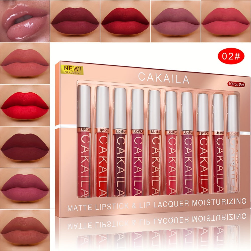 10 PCS Set Matte Lip Gloss Lipstick Set, Long-Lasting Waterproof Non-Stick Cup, Non-Fade Liquid Velvet, Red Shades, All Skin Types, Adult Use, Matte Finish, Beauty Personal Care