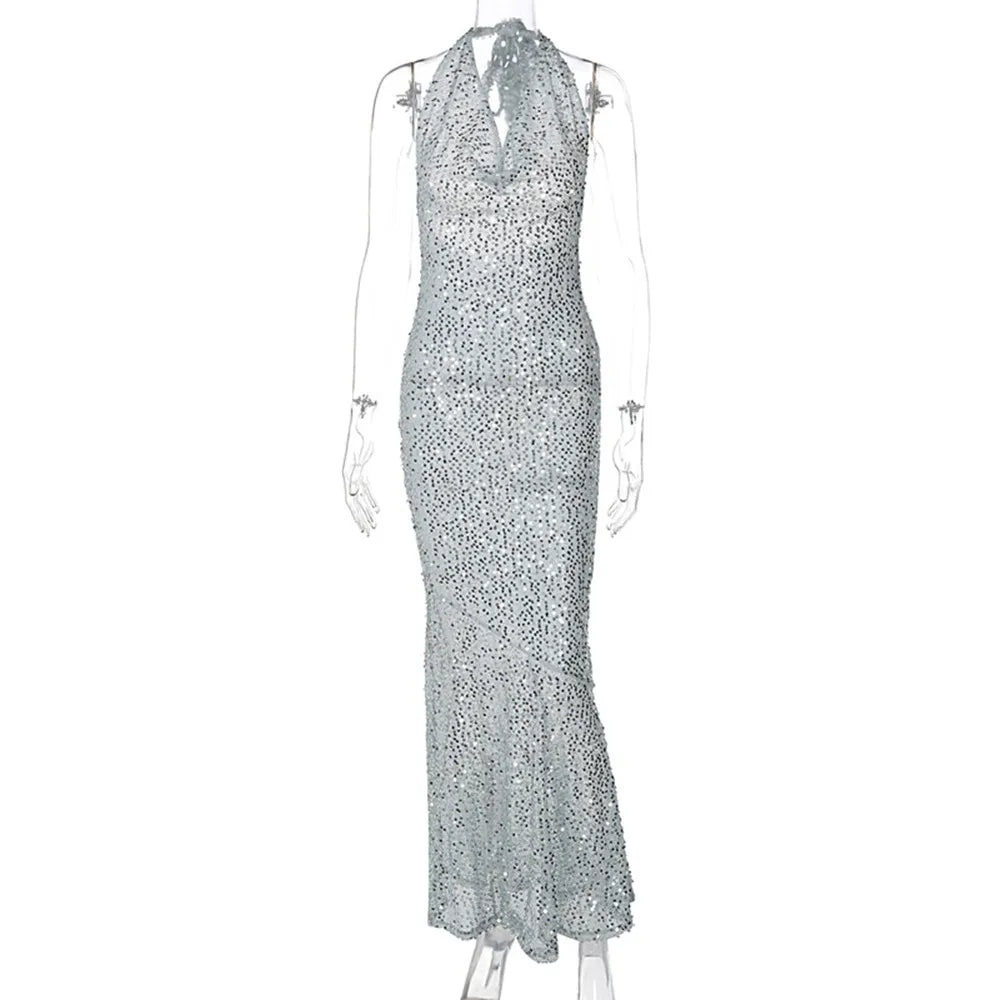 NEW Arrivals UK Size Black/Gray Color Women Sexy Sleeveless Deep V-Neck Halter Backless Sequined Luxury Dress Evening Party Clubwear Luxury Wedding Guest Birthday Maxi Dress