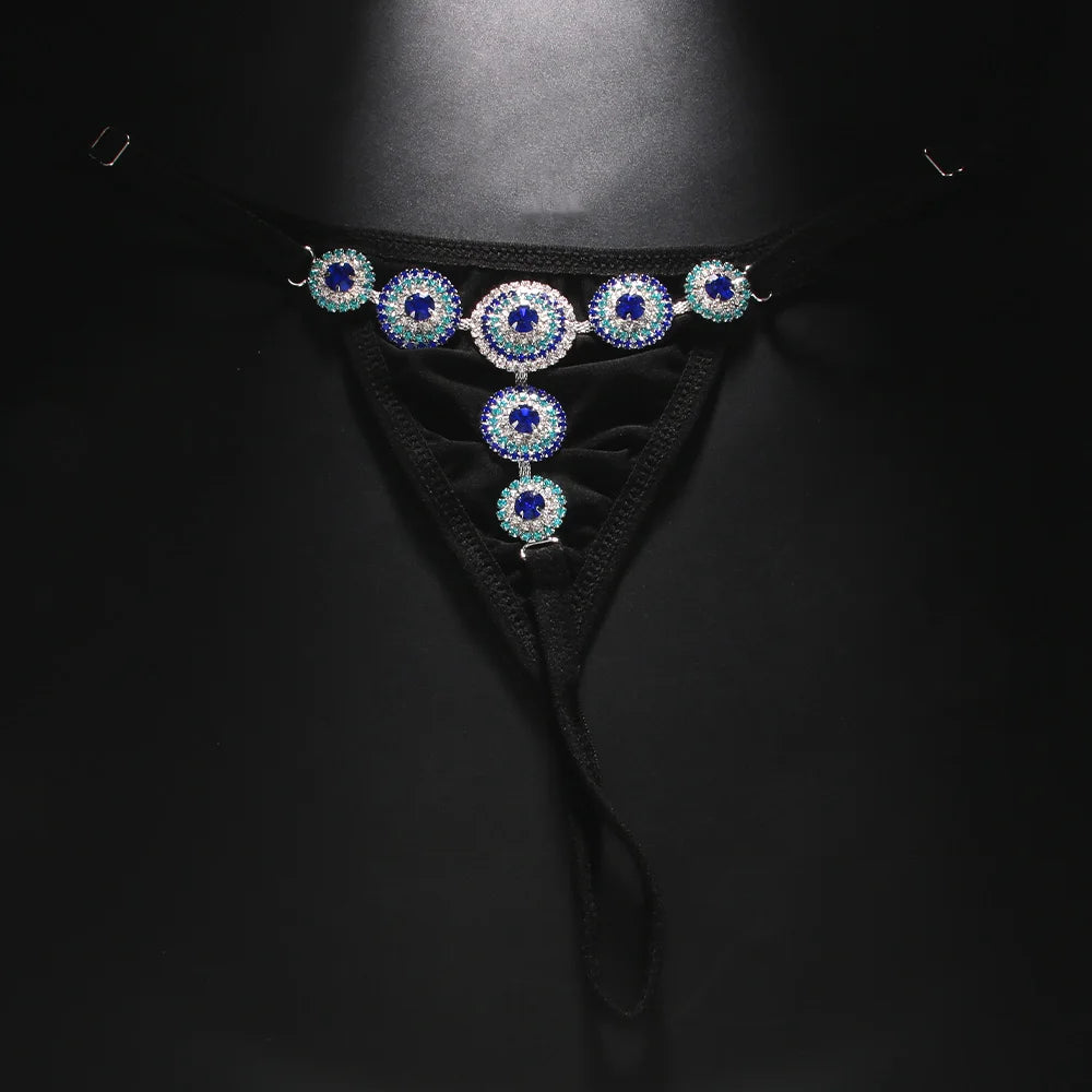 Rhinestone Evil Eye Thong Bikini Bottom Underwear Panties G String Woman Lingerie Swimsuit Accessories Crystal Sexy Body Jewelry