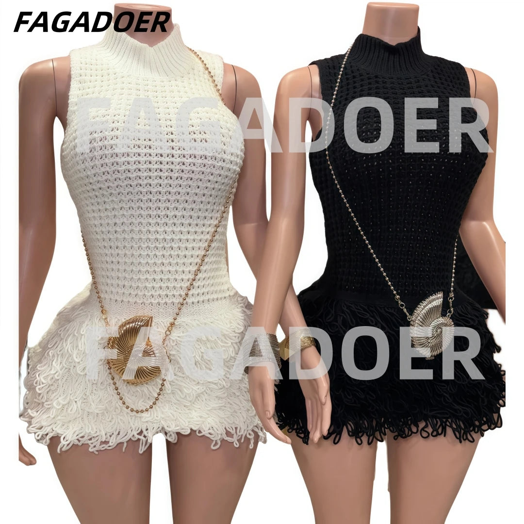 NEW Arrivals UK Size Black/White Color Italian Fashion Tassels Hollow Out Splicing Mini Dresses Women Round Neck Sleeveless Slim Elegant Lady Clothing