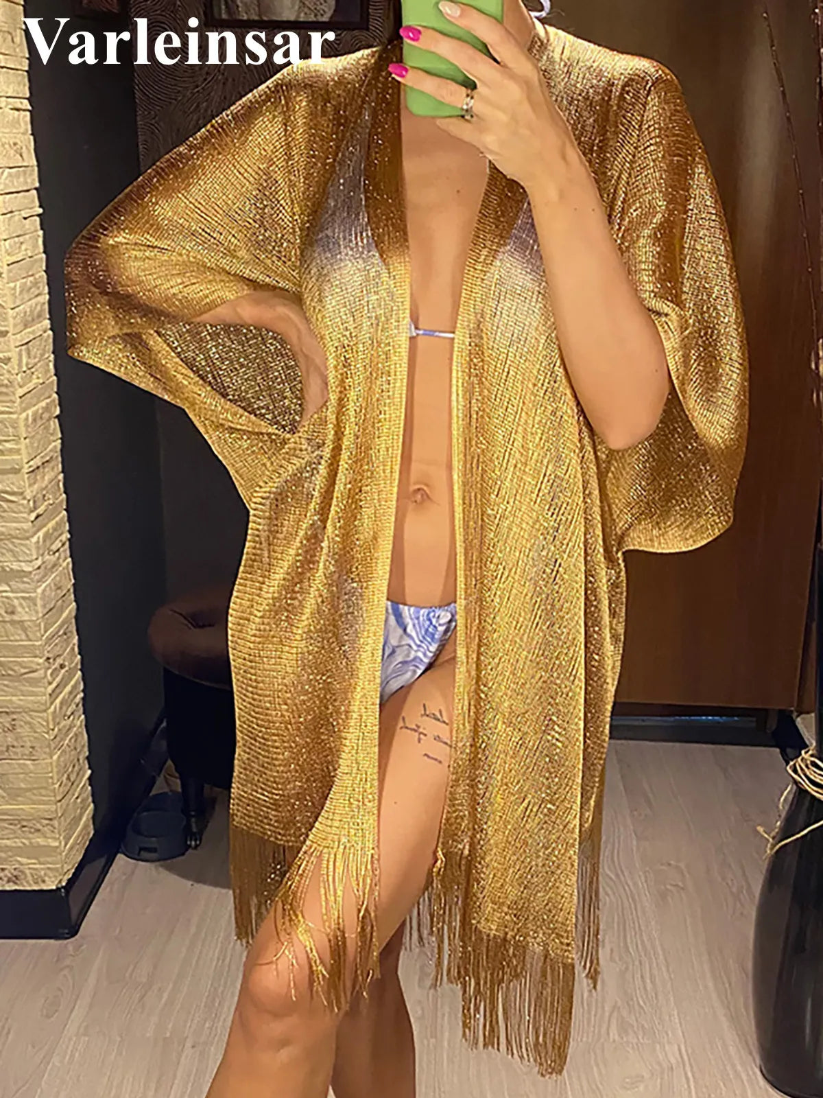 Sexy Fringe Tassel Mesh Sheer Shiny Knitted Tunic Beach Cover Up Cover-ups Beach Dress Beach Wear Beachwear Female Women