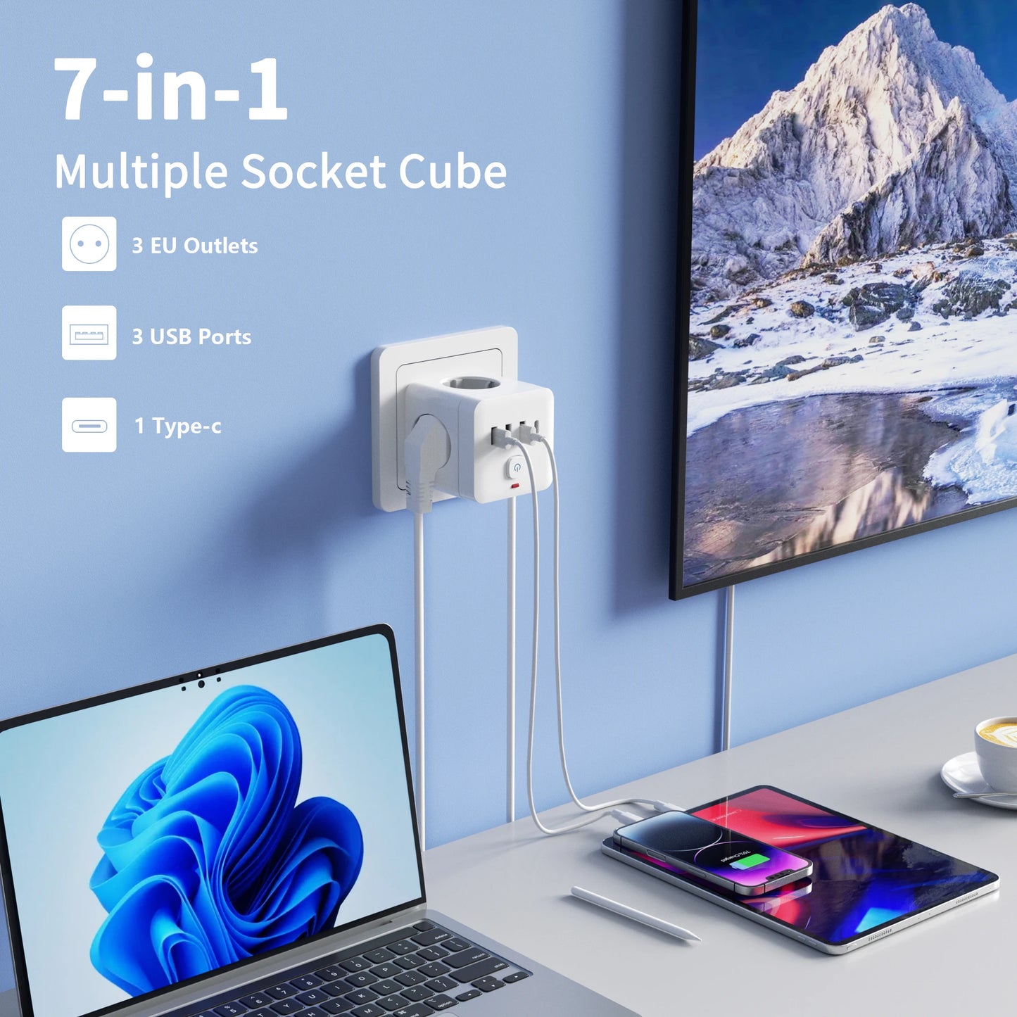 NEW 7-in-1 Combo EU Power Strip, Power Strip Surge Protector 3 AC Outlets 3 USB 1 Type-C, Desktop Charging Station With Overload Protection