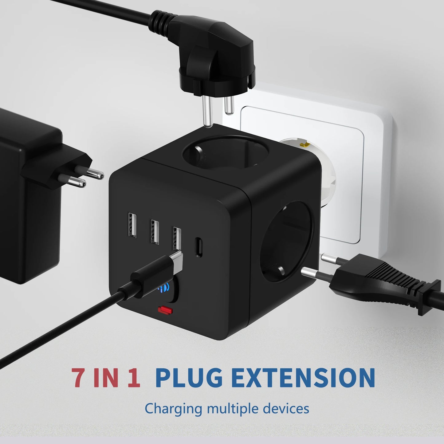 NEW 7-in-1 Combo EU Power Strip, Power Strip Surge Protector 3 AC Outlets 3 USB 1 Type-C, Desktop Charging Station With Overload Protection