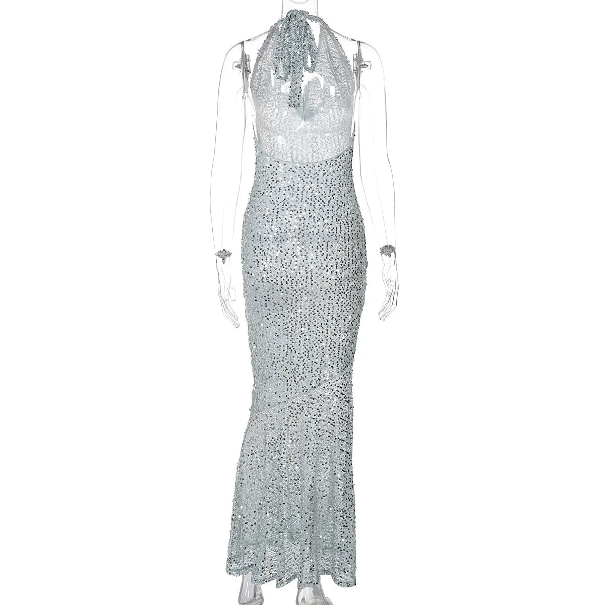 NEW Arrivals UK Size Black/Gray Color Women Sexy Sleeveless Deep V-Neck Halter Backless Sequined Luxury Dress Evening Party Clubwear Luxury Wedding Guest Birthday Maxi Dress