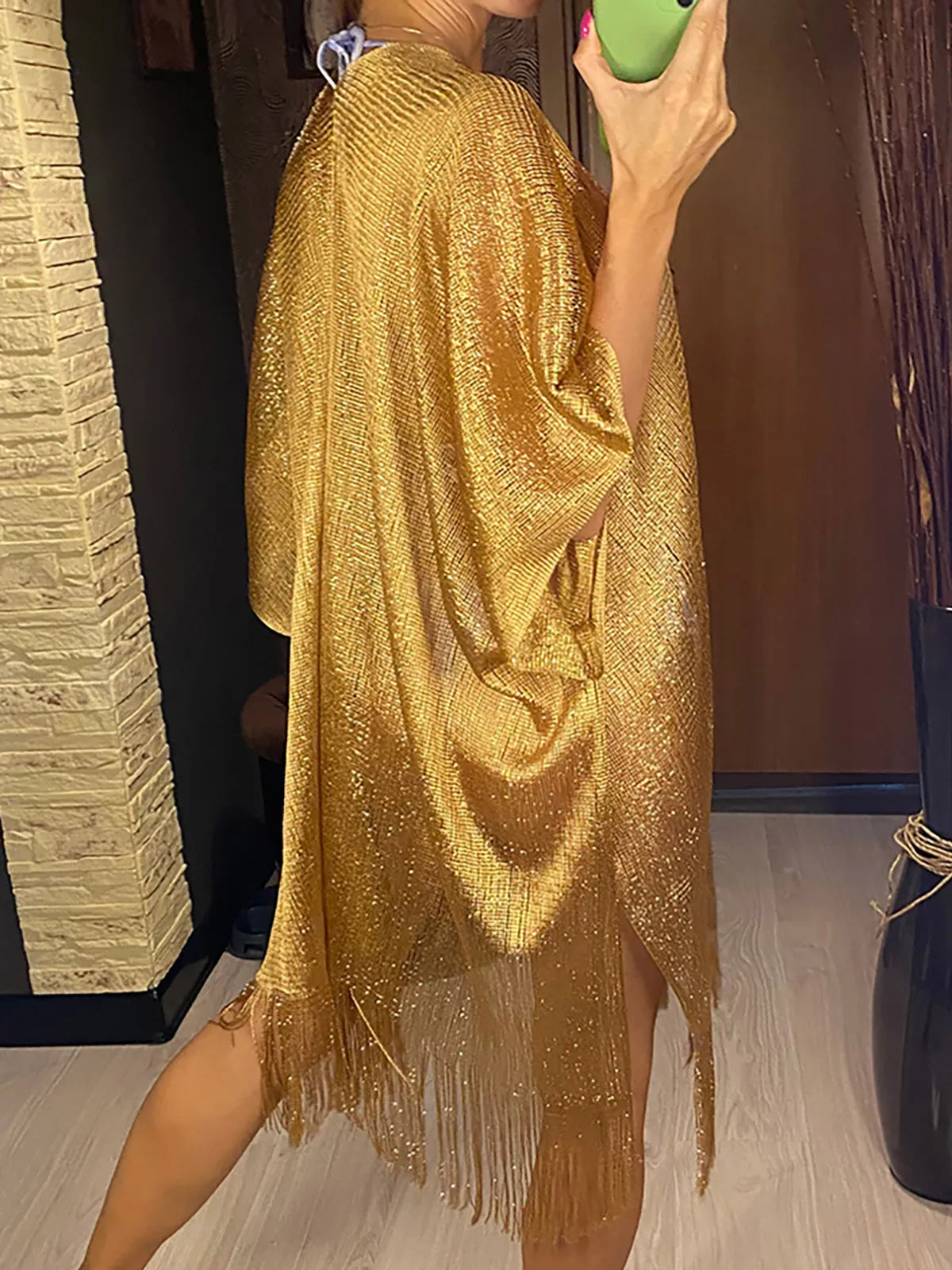 Sexy Fringe Tassel Mesh Sheer Shiny Knitted Tunic Beach Cover Up Cover-ups Beach Dress Beach Wear Beachwear Female Women