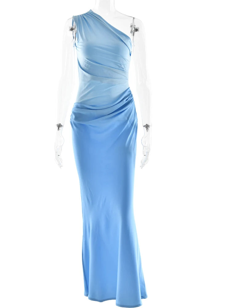 NEW Arrivals 4 Colors Patchwork Backless Satin Sexy One Shoulder Women Maxi Dress Sleeveless Evening Dress Summer Slim Elegant Party Clubwear