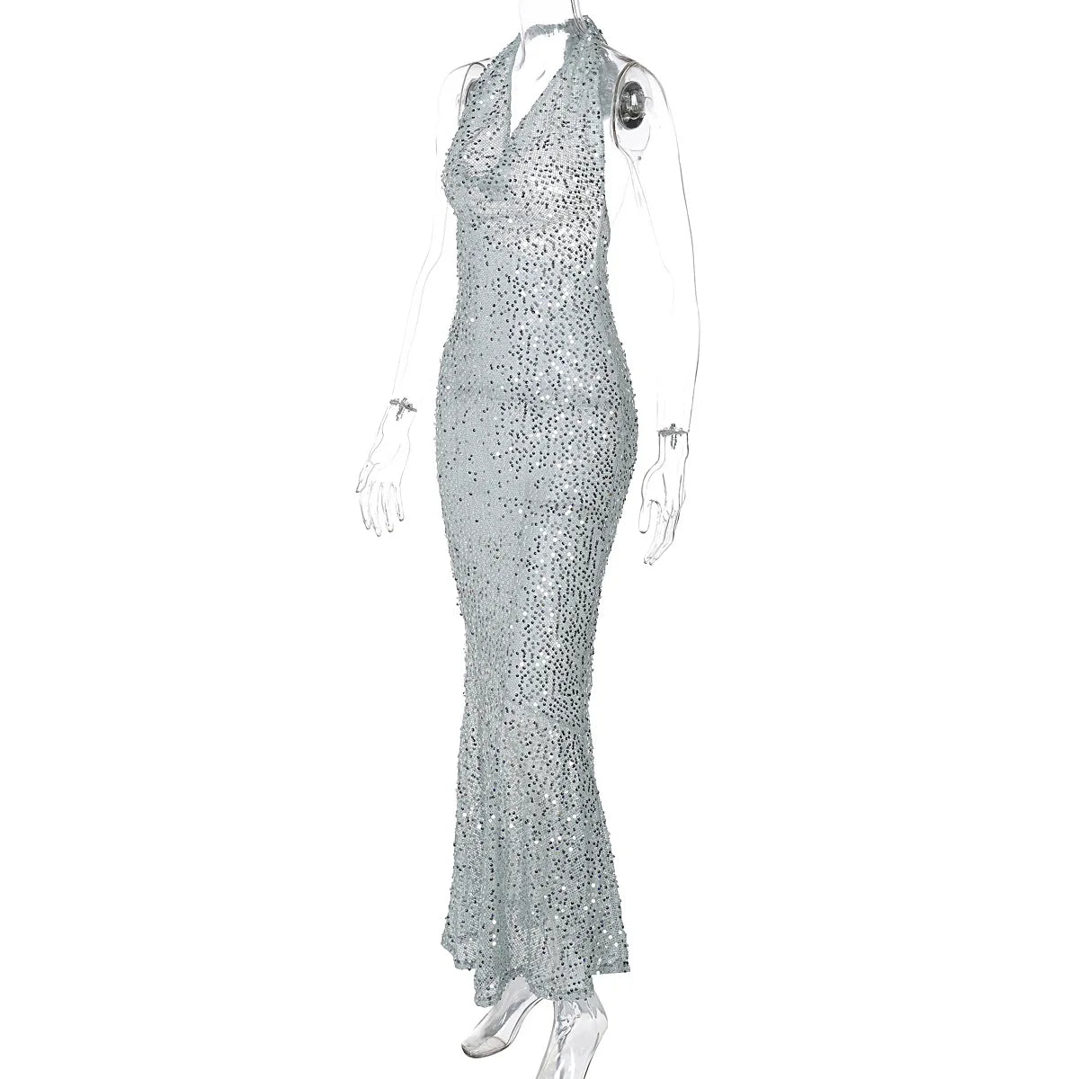 NEW Arrivals UK Size Black/Gray Color Women Sexy Sleeveless Deep V-Neck Halter Backless Sequined Luxury Dress Evening Party Clubwear Luxury Wedding Guest Birthday Maxi Dress
