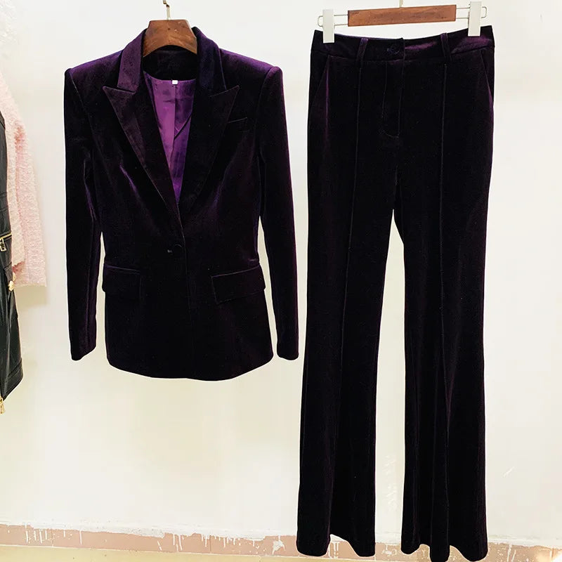 Velvet Blazer Pants Women Set Purple Brown Autumn Winter New One Button Jacket + Flare Pants Two Piece Office Female Suit