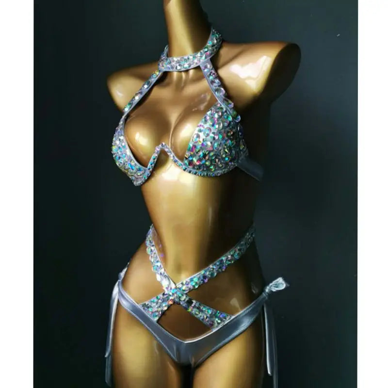 NEW Arrivals Summer Luxury Diamond Rhinestones Bikini Set Sexy Women Swimwear Rhinestone Ladies Beach Bathing Swimming Pool Suit Bling Stones Swimsuit Crystal Bikini Suit