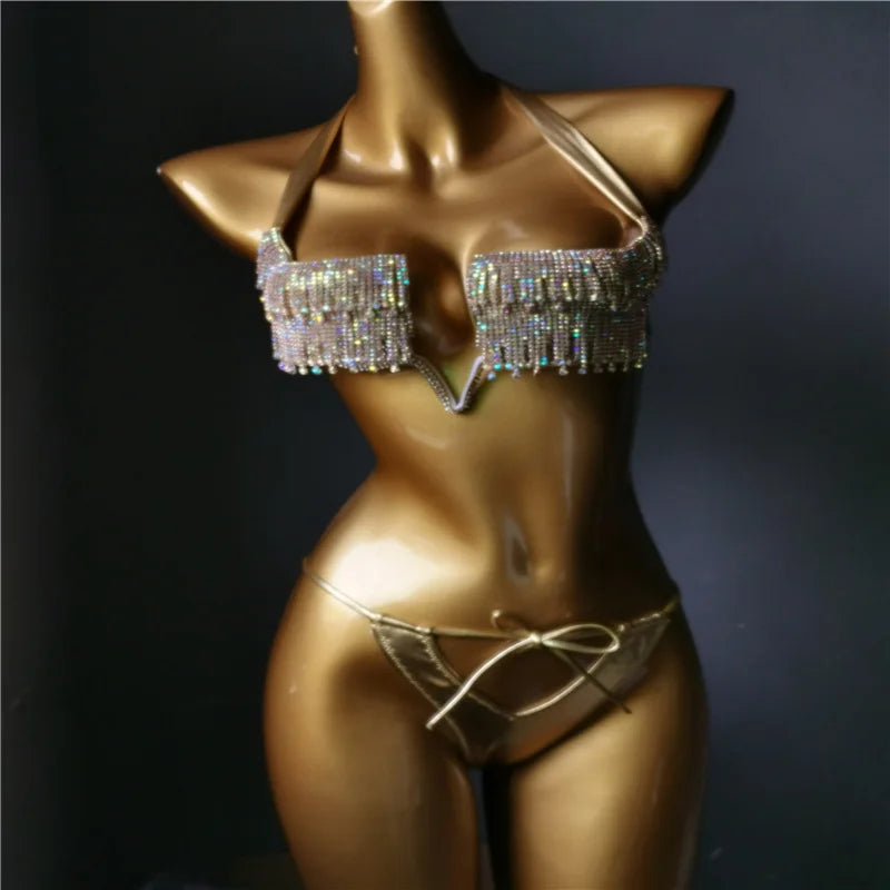 New Tassels Bikini Set Diamond Bling Stones Swimwear Sexy Women Rhinestone Bathing Suit Latest Beachwear