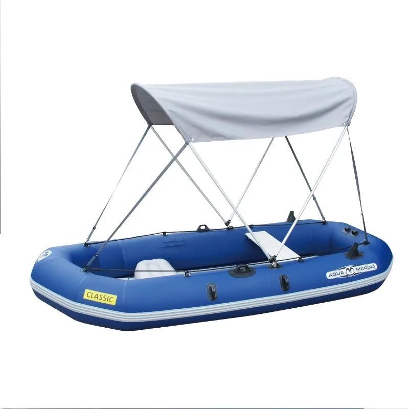 4 Persons Aqua Marina 300cm Inflatable Dinghy Raft Classic Air Deck Reinforced PVC Sport Boat Wooden Seats Oar Set Sunshade Canopy Drifting Boat All Seasons Water Sport Supplies