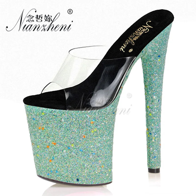 New Style Luminous Flash Powder Women Slippers 20CM Super High Stripper Heeled Pole Dance Shoes 8 Inches Novelty Concise Sexy