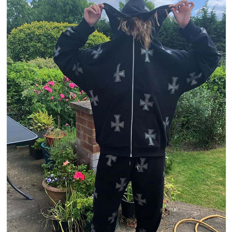 Rhinestone Gothic Suit Street Long Sleeve Black Zip Hoodie Lace-up Pants Y2k Hip Hop Jogging Sweatshirt Fashion Sports