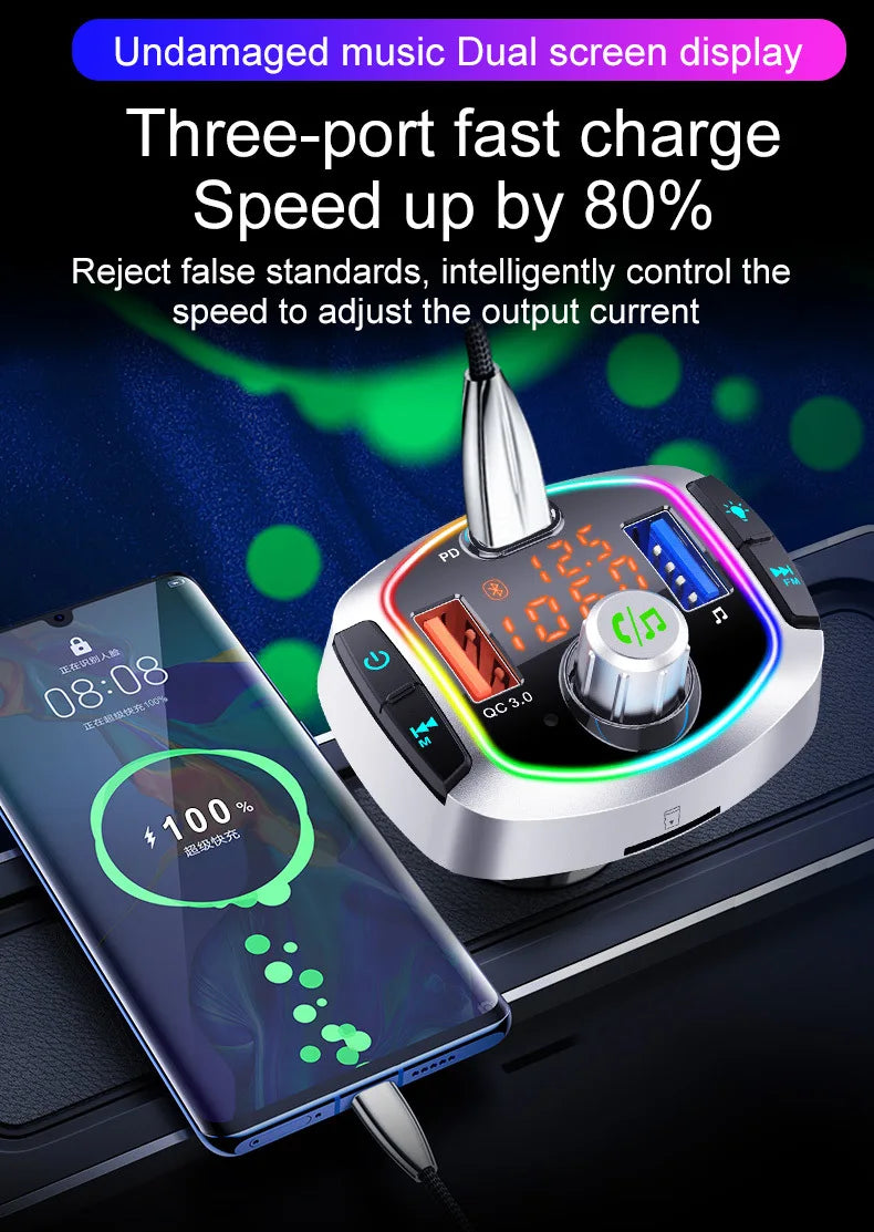 NEW Arrivals LED Backlit Bluetooth FM Transmitter Car MP3 TF/U Disk Player Handsfree Car Kit Adapter Dual USB QC 3.0+PD Type C Fast Charger