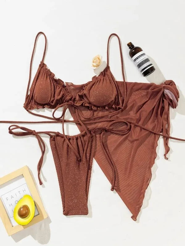 NEW 3PCS Set 4 Colors Sexy Bikini Set with Cover Up Beach Dress Solid Push Up Biquini Brazilian Swimwear Women Thong Bikinis Ladies Sexy Swimwear Suit