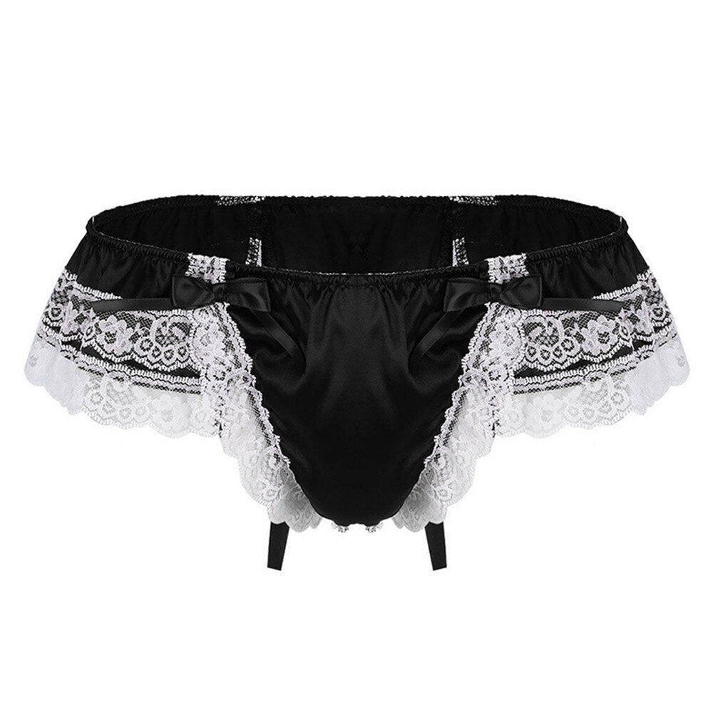See-Through Men Lace Briefs Underwear Sissy Penis Big Pouch Panties Sexy Satin G-String Thong Exposed Butt Underpants Gay Thong