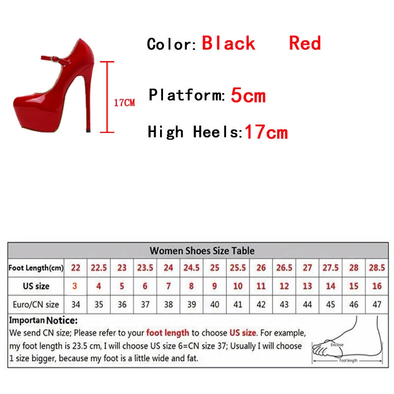 Spring Autumn Women Platform Pumps Black Round Toe Buckle Strap 17CM Super High Heels Pole Dance Shoes Stiletto Mujer