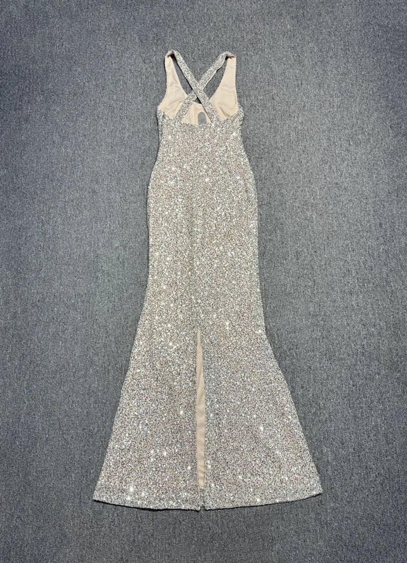 NEW Arrivals Ready Stock Sleeveless Backless V-Strap Sequined Tight Sleeveless Evening Long Maxi Elegant Dress Women Party Dresses