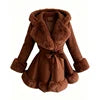 5 Colors UK (6-20) Large Size Women's Streetwear Thick Plain Dyed Woven Single Breasted Faux Fur Trim Hooded Belted Winter Trench Coat Winter Warm Autumn Apparel Clothing Supplies