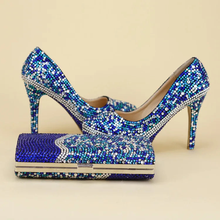 NEW Luxury Royal Blue Mix Silver Crystal Wedding Shoes Sets with Matching Bags Women High Pumps Round Toe Evening Party Night Business Dinner Shoes Female Ladies Luxury Fashion Apparel Accessories Clothing Products
