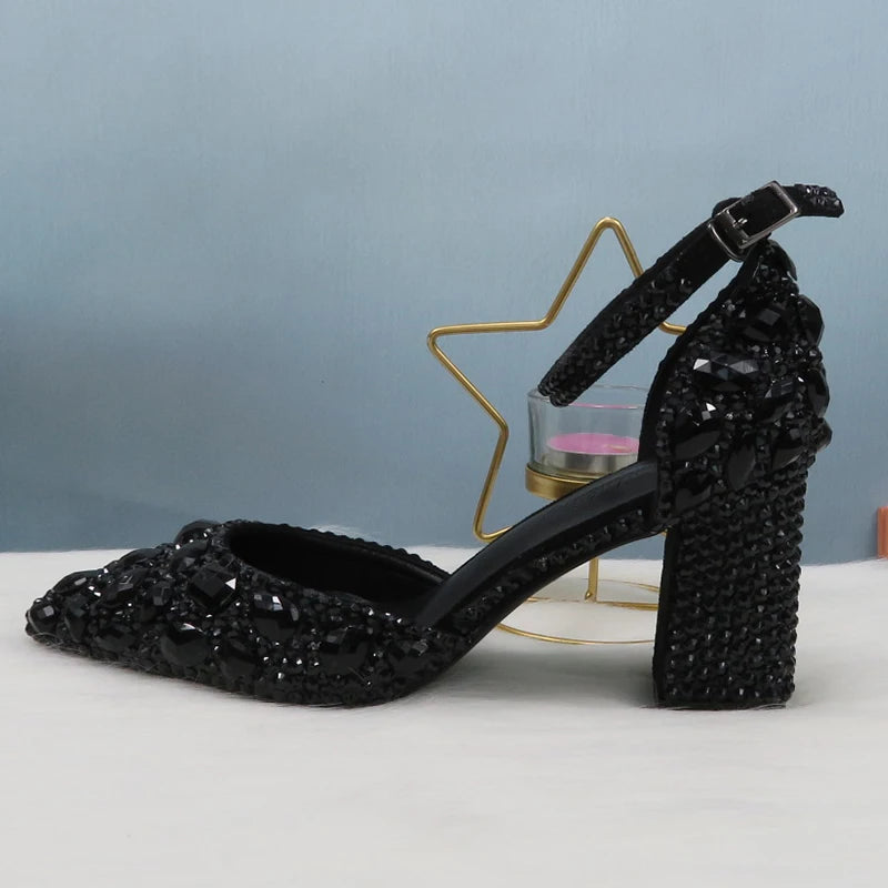 Luxury Black Crystal Wedding Shoes Set with Matching Bags Woman Fashion Diamonds Shoes 8CM-11CM-14CM High Heels Platform Plus Size Ladies Luxury Fashion Apparel Accessories Clothing Supplies