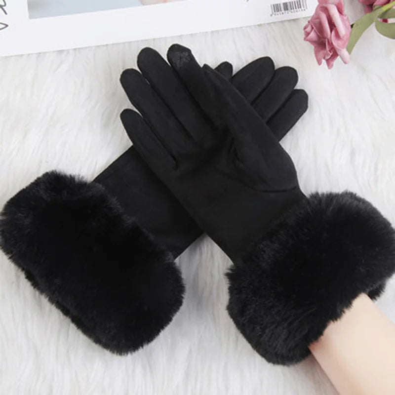 NEW Arrivals 18 Colors Women Faux Rabbit Fur Wrist Suede Leather Touch Screen Driving Glove Winter Warm Plush Thick Full Finger Cycling Black Mitten H92 Women Ladies Luxury Fashion Apparel Accessories