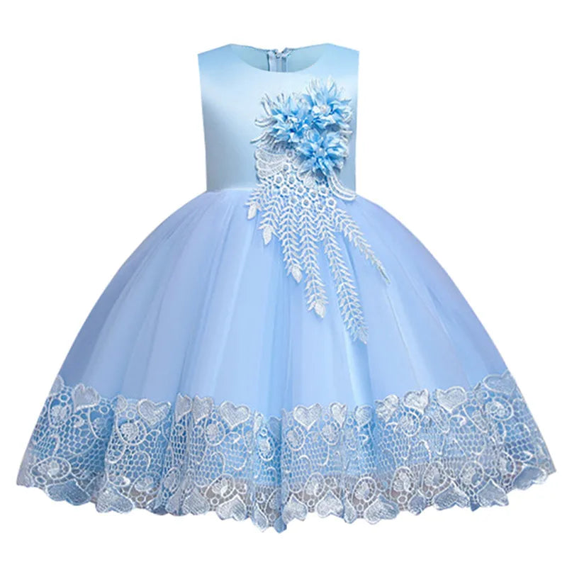 7 Colors Luxury Girls Evening Wedding Birthday Party Gown Lace Tutu Princess Dress Floral Embroidery Girls Children Clothing Kids Party Mermaid Bridal Dress Children Luxury Fashion Clothing Supplies