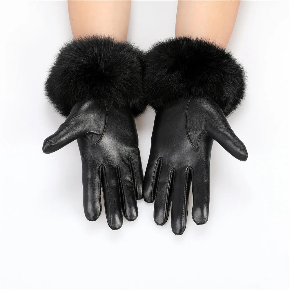 New Arrivals Women's Luxury Real Sheepskin Leather Gloves With Real Natural Rabbit Fur Cuffs Female Formal Evening Party Business Dinner Warm Gloves Fleece Lining Touch Screen Gloves Ladies Luxury Fashion Apparel Accessories