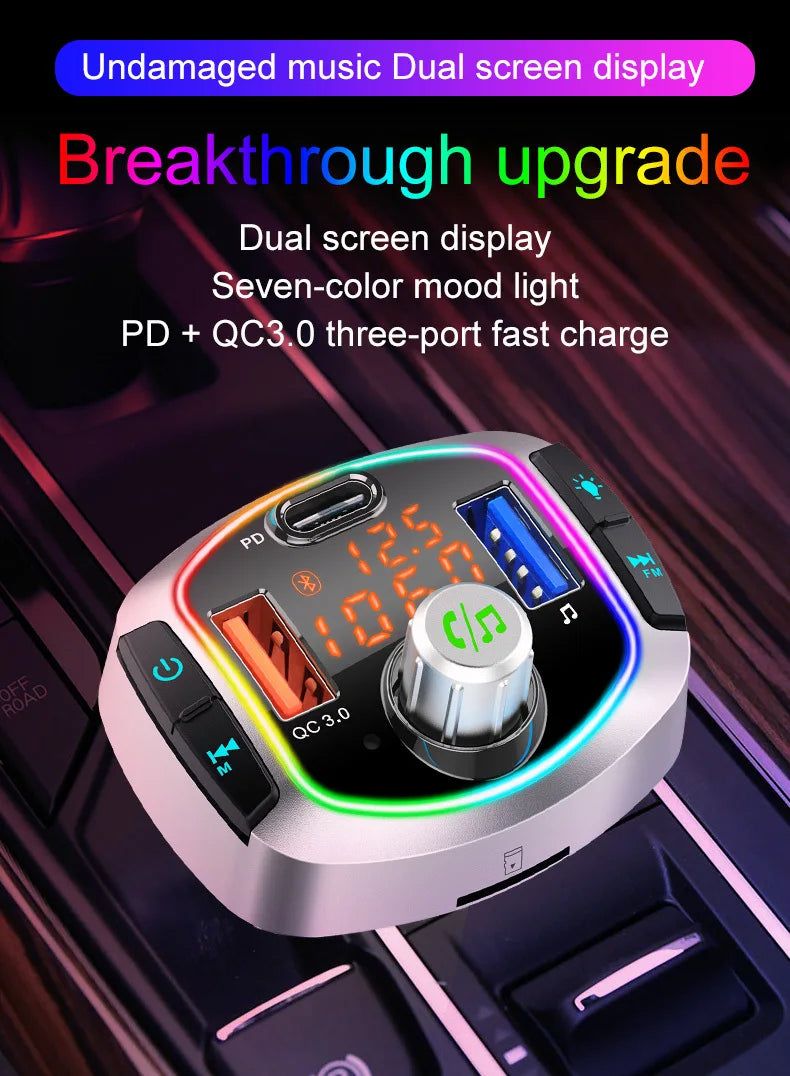 NEW Arrivals LED Backlit Bluetooth FM Transmitter Car MP3 TF/U Disk Player Handsfree Car Kit Adapter Dual USB QC 3.0+PD Type C Fast Charger