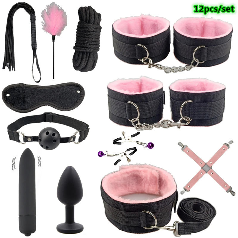 BDSM Kits Adult Products Sex Toys Handcuffs Whip Gag Sextoy Whip Anal Plug Vibrator Bdsm Bondage Set Sex Toys for Couples Women