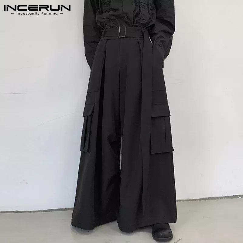 Stylish New Men's Party Shows Pantalons Wide-leg Trousers Male Belt Solid All-match Simple Trousers Overalls S-5XL INCERUN 2023