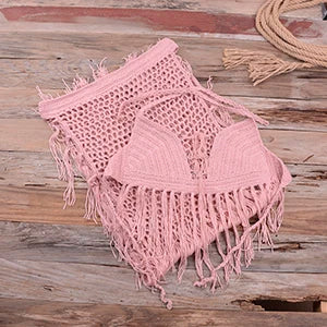 NEW Arrivals Sexy Hot Boho Women Sexy Handmade Crochet Bikini Set Knitted Handmade Beach Swimwear Halter Long Tassel Swimsuit Female Ladies Beach Wear