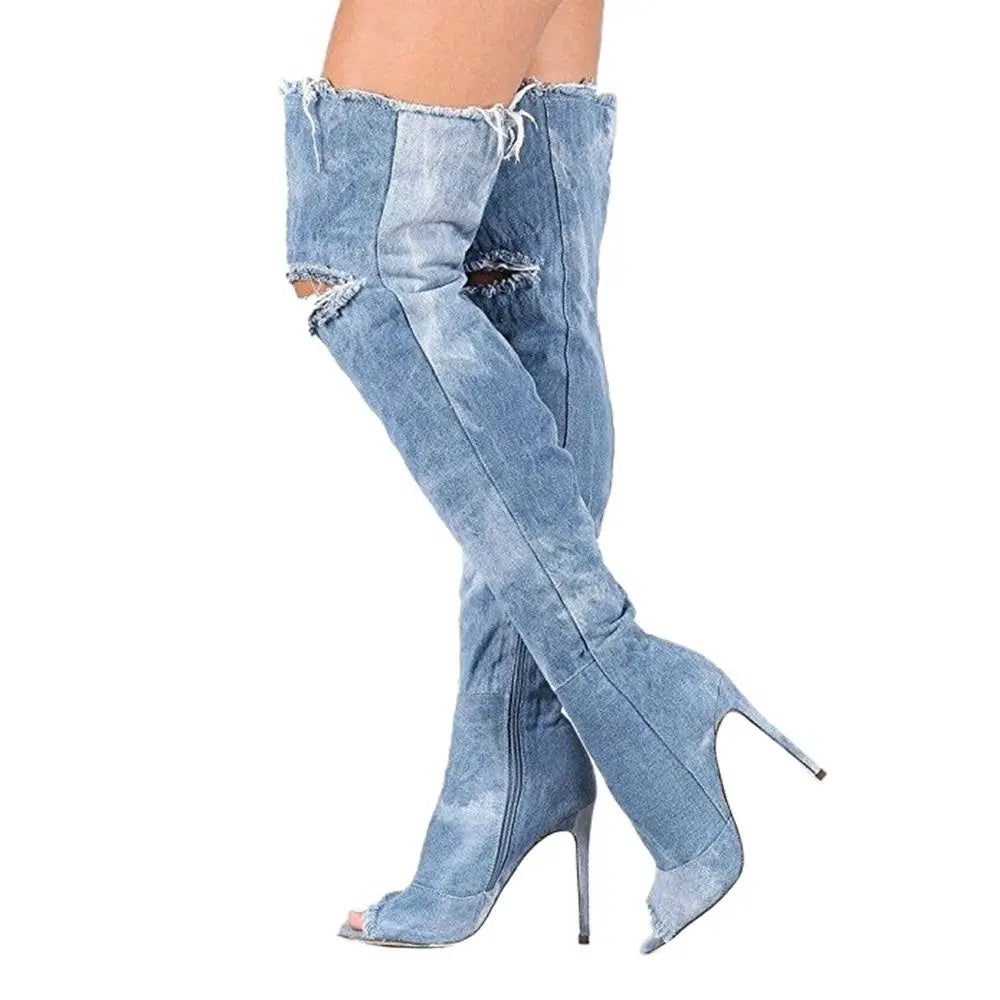 Denim Cut Outs Peep Toe Boots Thin High Heel Over The Knee Side Zipper Solid Sexy Lady Spring Autume Party Dress Boots Shoes