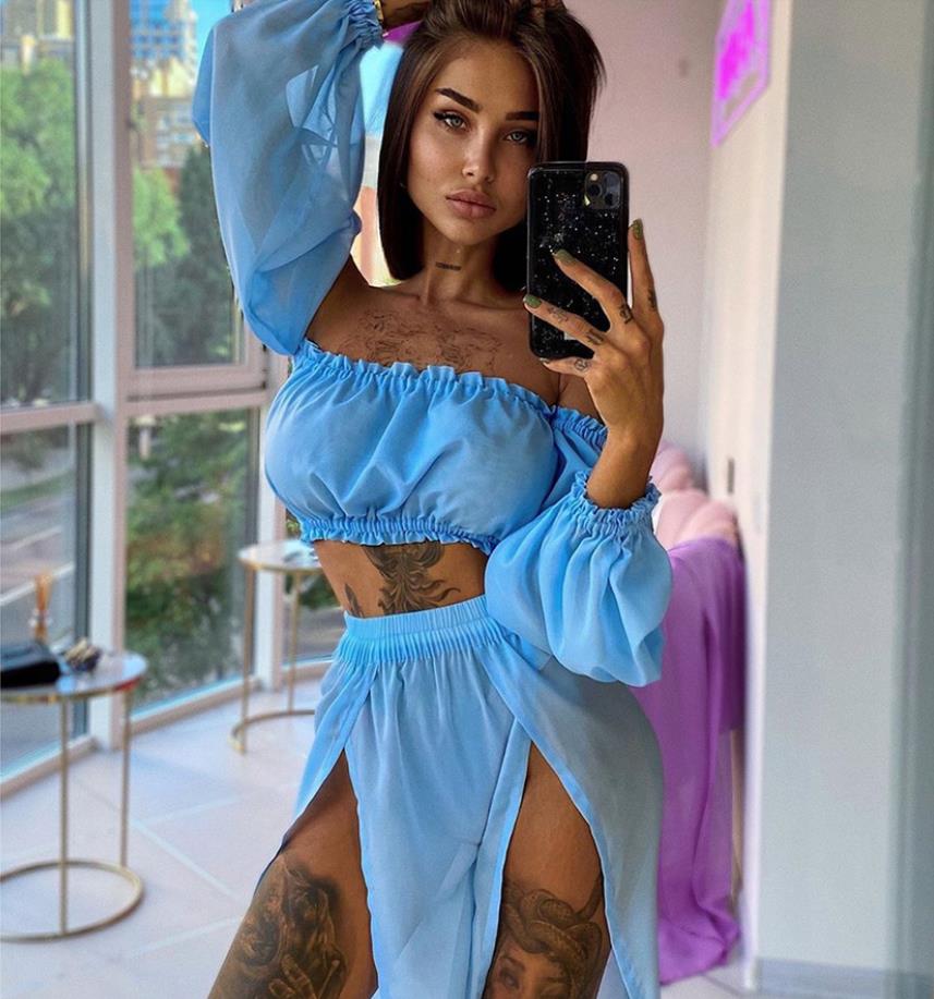 NEW Arrivals 2PCS Set 8 Colors Women Beach Bikini Cover-Ups Swimsuit Off Shoulder Top+ High Waist Dress Sexy Ladies Swimming Cover Up Bathing Suit