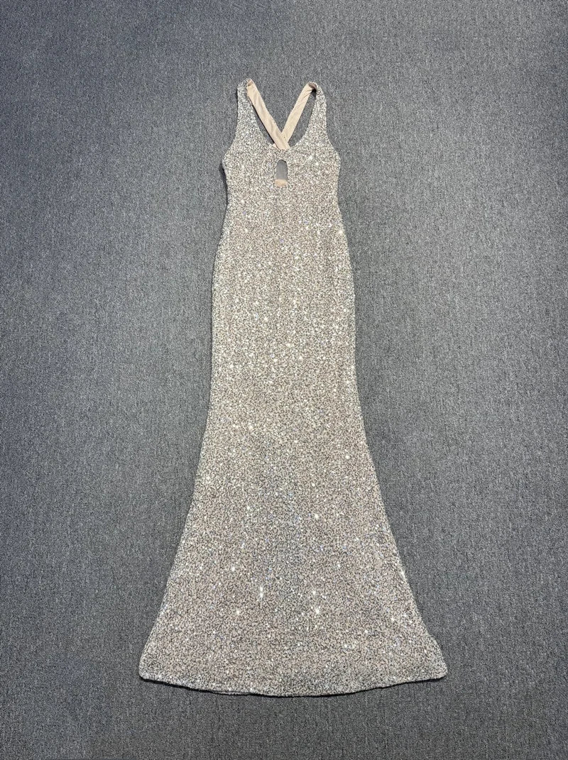 NEW Arrivals Ready Stock Sleeveless Backless V-Strap Sequined Tight Sleeveless Evening Long Maxi Elegant Dress Women Party Dresses