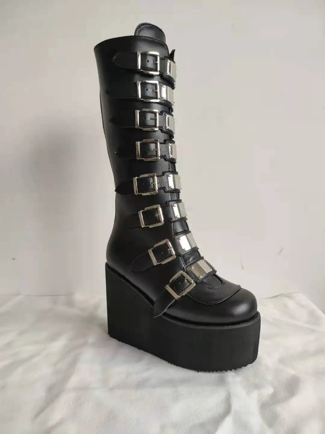 Female Fashion Metal Gothic Platform Boots Punk Cosplay Wedges High Heels Women Knee High Boots Stree Shoes Woman