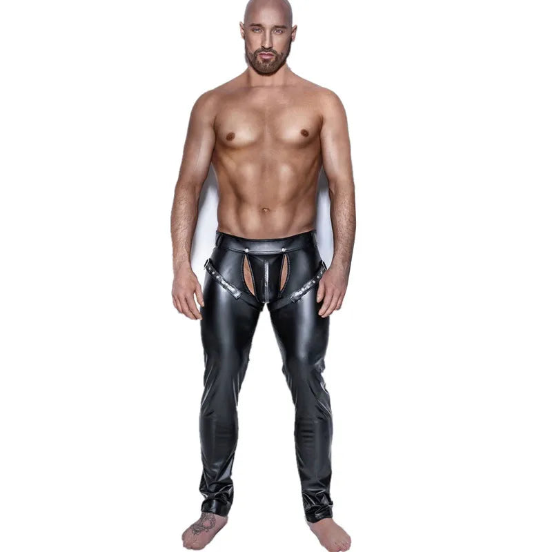 Erotic Men Faux PU Leather Pants Male Wetlook Latex Trousers Open Front Exotic Clubwear Gay Fetish PVC Pants Clubwear Costume