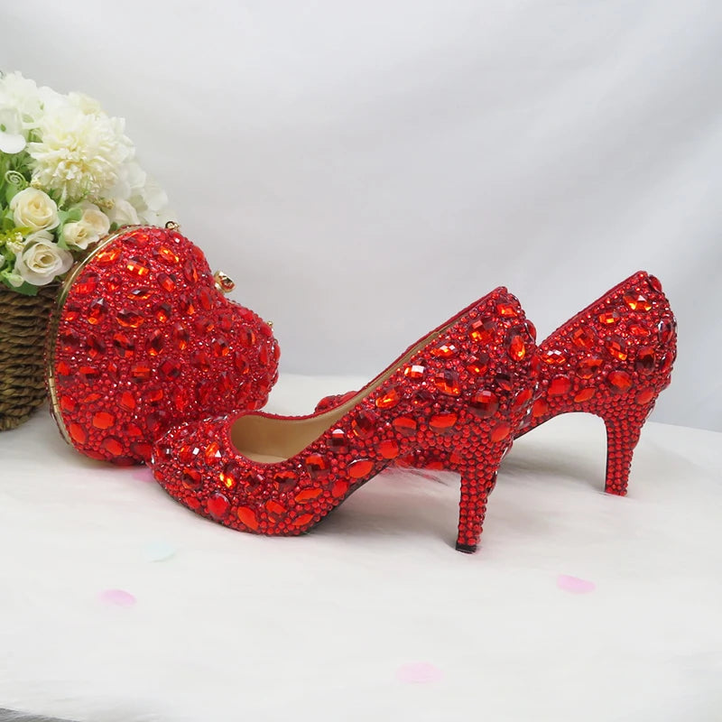 Luxury Handmade Red Rhinestone Women Wedding Shoes Set with Matching Bags Bride Woman Shoes and Purse Platform Night Formal Business Dinner Concerts Shoes Ladies Luxury Fashion Apparel Accessories Clothing Supplies