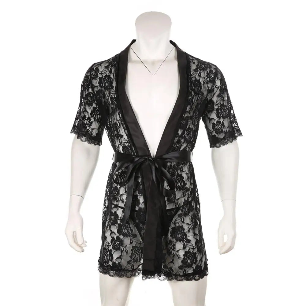 CLEVER-MENMODE Lace Bathrobe Men Sexy Long Robe Nightwear Sleepwear Kimono Nightgown Loose Bath Gown Erotic Costume with T-back