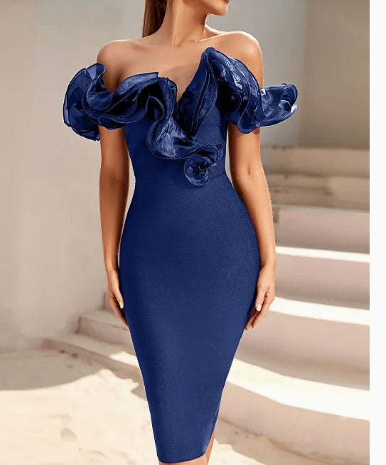 Boutique HOT SALE Women's Summer Sexy Bodycon for Bandage Dress Off-Shoulder Stretchy Ruffles Knee-Length Wedding Evening Party Clubwear Prom Ball Gown Ladies Luxury Apparel Supplies
